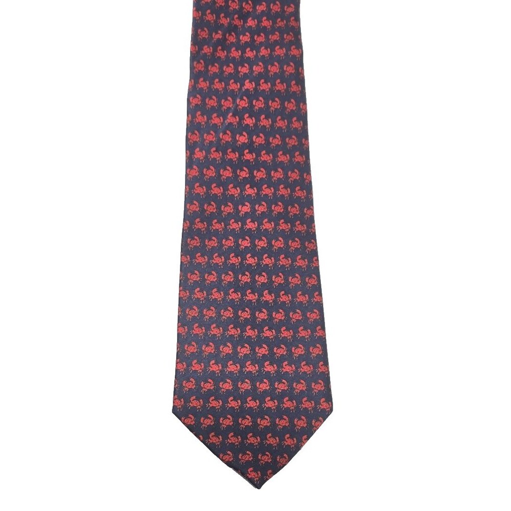 Museum Artifacts - Handmade - Silk Necktie Tie - Blue with Red Crabs